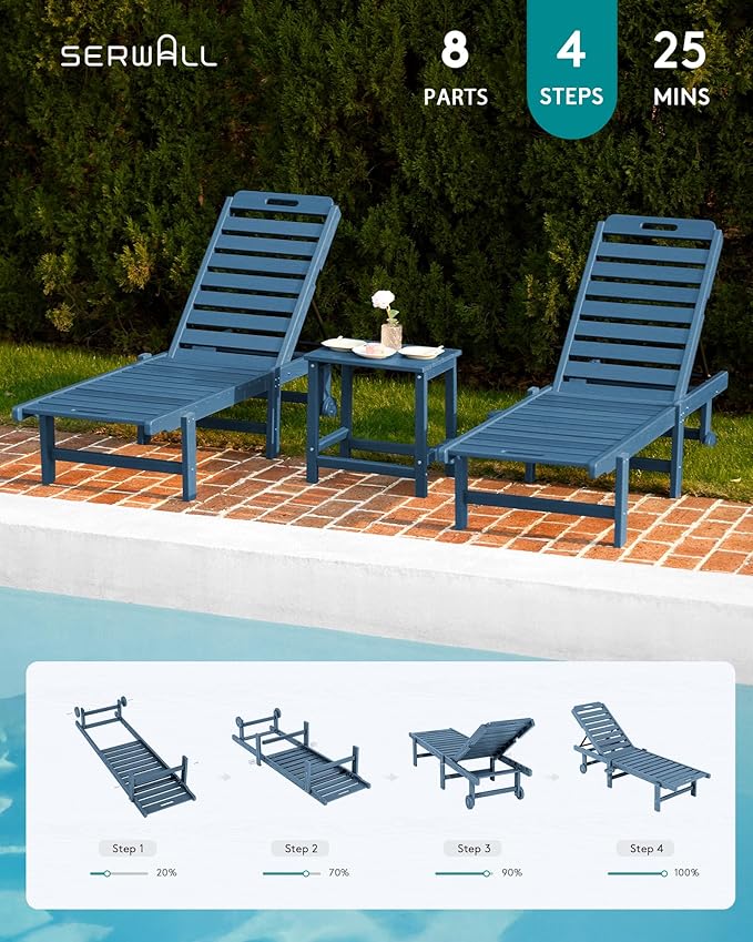 SERWALL Outdoor Chaise Lounge Set of 6, HDPE Pool Lounge Chair with 5-Position Adjustable Backrest, Patio Lounger with Rolling Wheels & Cup Holder for Pool, Navy