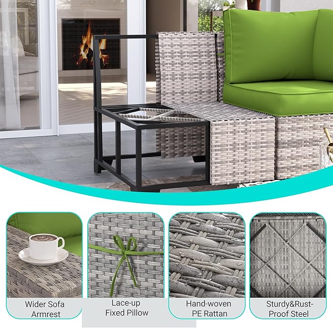 7-Piece Outdoor Patio Furniture Set with 55,000 BTU Fire Pit Table, PE Wicker Rattan Sectional Sofa Patio Conversation Set with Thickened Cushions & Coffee Table, Avocado Green