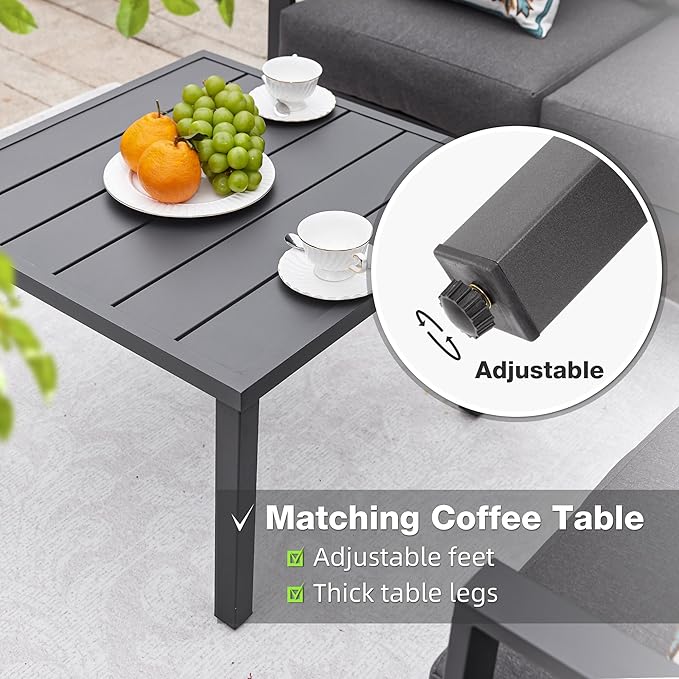 Patio Furniture Set, 6 Pieces Outdoor Couch Sectional, L Shaped Patio Sofa, Metal Patio Couch Sectional with Side Table, Outdoor Seating Conversation Set, Grey