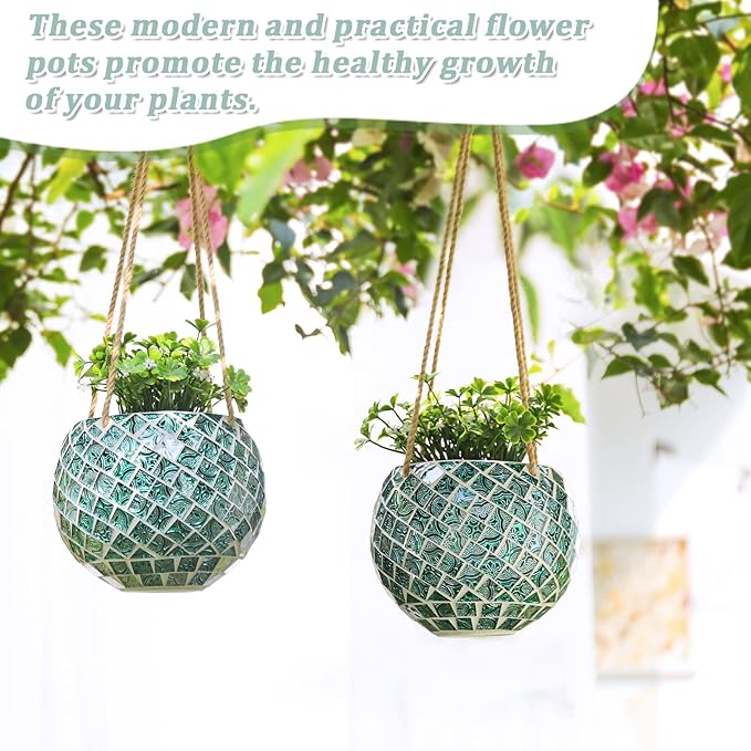 Ceramic Hanging Planter Mosaic Hanging Flower Pot Small Plant Pot for Indoor Plant Disco Ball Planter with Drainage