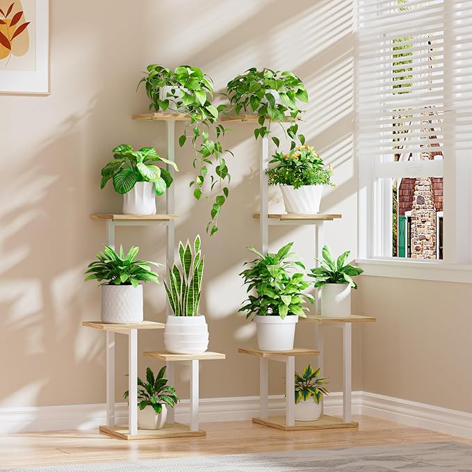 LATIBELL Plant Stand Indoor with Grow Light - 2 Pack Metal Plant Shelf for Indoor Plants Multiple, 5 Tiered Corner Plant Stand Shelves, Plant Rack Display Flower Holder for Living Room Patio (White)
