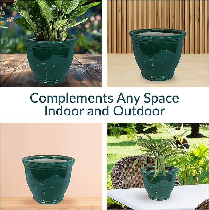 Sunnydaze Large Ceramic Plant Pot - Round Outdoor Glazed Ceramic Planter Pot with Drainage - Studio - Dark Green - 15"