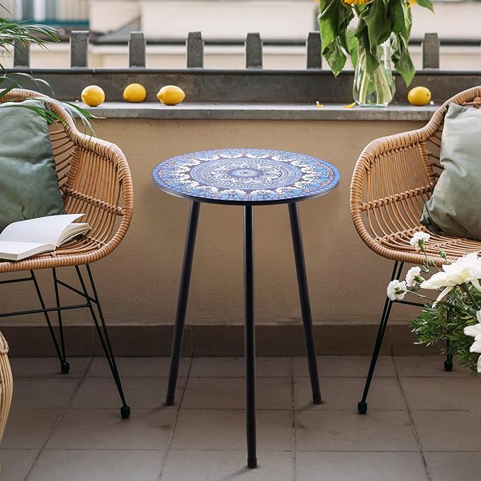 Metal Outdoor Side Tables Set of Two Small Outside Round End Table for Patio Modern Accent Garden Corner Table for Small Spaces, Balcony, Porch, Weather-Resistant, Plant Stand Indoor, Blue