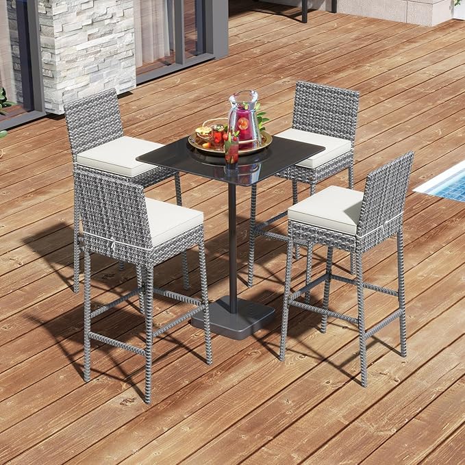 HAPPYGRILL Patio Wicker Barstools Set of 2, Outdoor Bar Height Chair w/Soft Seat Cushion & Cozy Footrest, Heavy-Duty Metal Frame, 400 lbs Max Load, Rattan Armless Bar Chairs