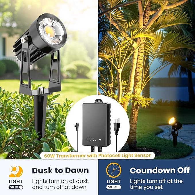 All-in-One Outdoor Low Voltage Landscape Lighting Kit, LED Landscape Spot Lights with 60W Transformer and 65FT Wire, Waterproof Outside Spotlights for Yard, Garden, Tree, Pathway, House, 3000K, 8 Pack