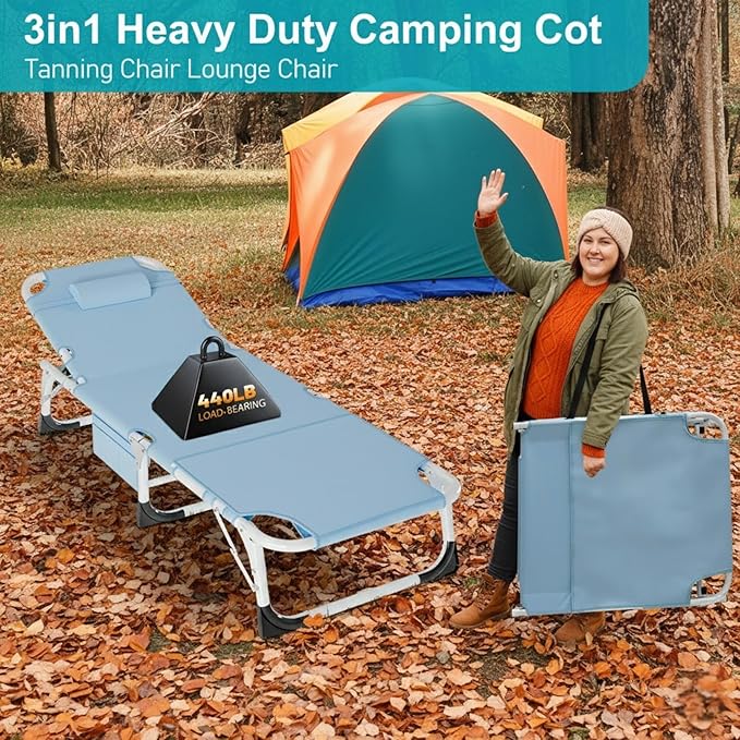 ABORON 3 in 1 Sun Tanning Chair, Heavy Duty Folding Chaise Lounge Chairs, Oversized with Mat/Pillow/Face Arm Hole, for Beach Pool Lawn Yard Patio
