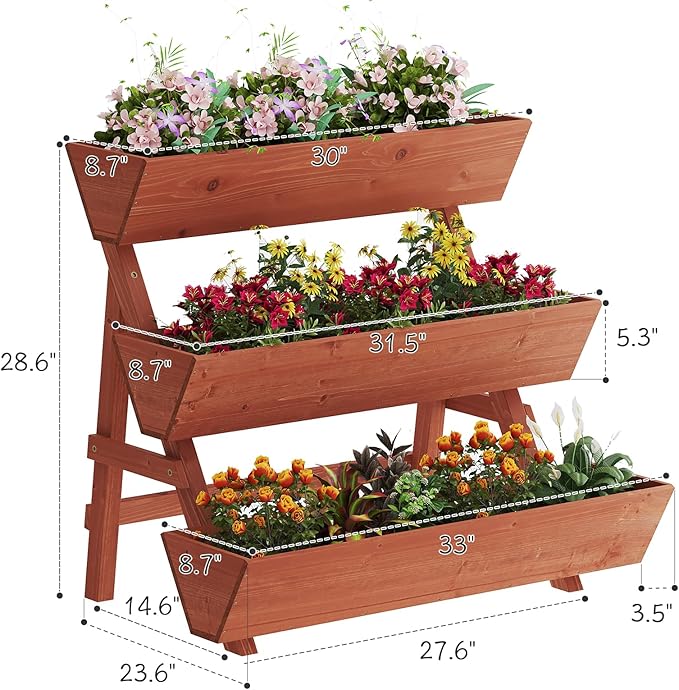 3-Tiers Wooden Raised Garden Bed,Wood Planter Box for Vegetable,Flower Rack,Flower Pot Stands,Indoor Outdoor Gardening Planting Beds (Brick red, Large)