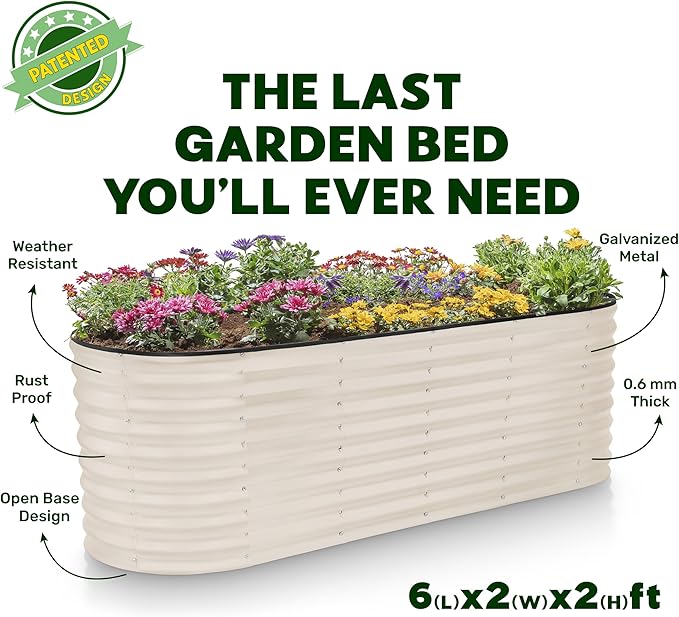 Plant & Plot Galvanized Raised Garden Beds Outdoor // 6×2×2 ft Planter Raised Beds for Gardening, Vegetables, Flowers // Large Metal Garden Box (White) // Patented Tool-Free Design