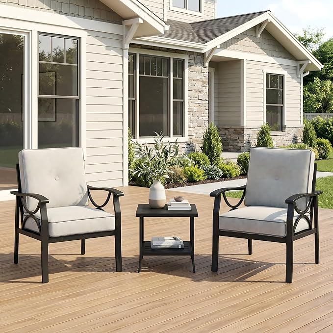 RoyalCraft Outdoor Patio Furniture Set, 3 Pieces Metal Patio Conversation Set with Side Table for Porch Garden Backyard, Black