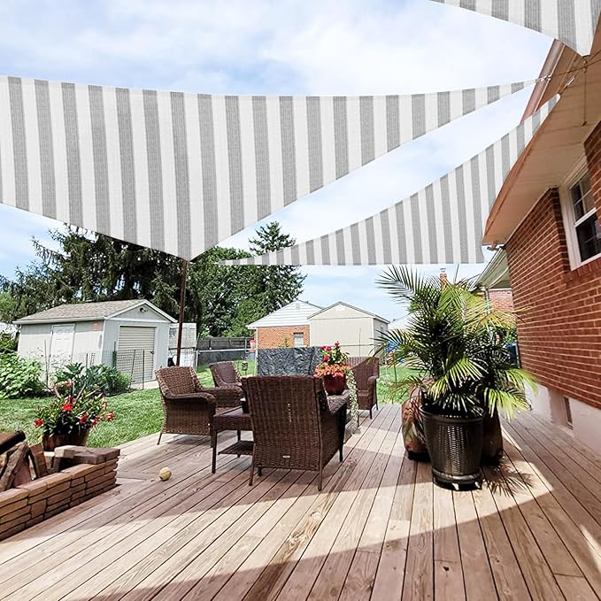 Patio Paradise 21' x 21' x 21' Sun Shade Sail Triangle Canopy Shade Cloth Fabric Sunlight Block Patio Pergola Cover HDPE Deck Awning for Outdoor Backyard Roof Shading, Gray White Strip