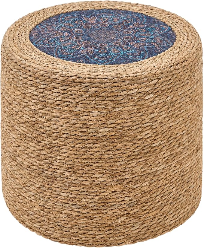Wimarsbon Round Pouf Ottomans, Handwoven Natural Water Hyacinth Seagrass Pouffe,Outdoor Rattan Stool Accent Seat, Bohemian Coastal Home Decor (18inch Natural Cattail-Boho 3)
