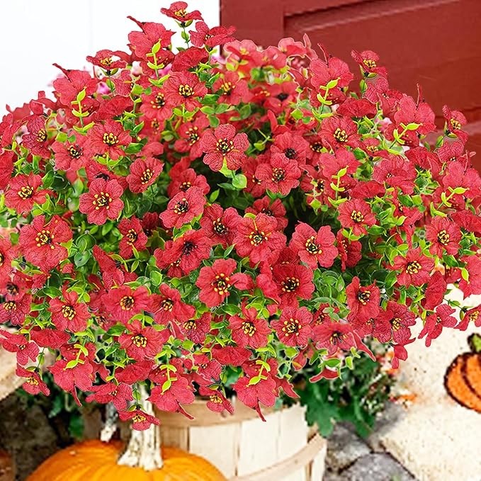 Artificial Flowers for Outdoor, UV Resistant Fake Silk Flowers, Realistic Faux Plants for Outside Indoor Porch Patio Window Box Planter Home Decor (20, Red)