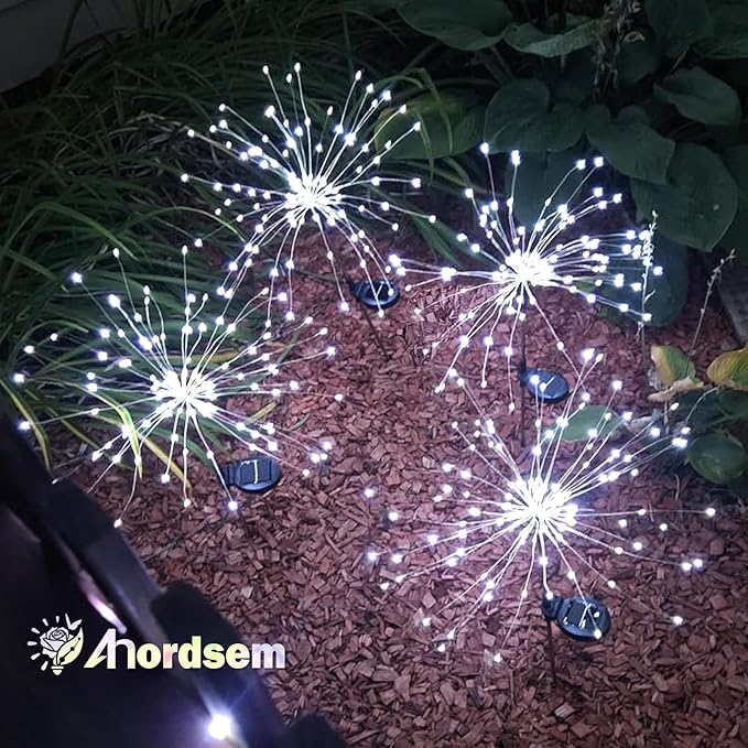 Anordsem Solar Garden Lights Outdoor: Bendable Copper Wire with 120 LED Firework Beads - White Waterproof DIY Fairy Decorations for Yard Patio Path - Gifts for Women Mom Homeowners