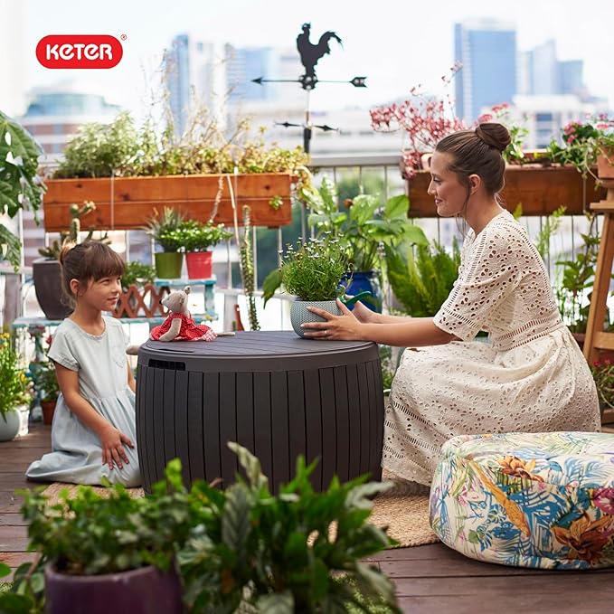 Keter Circa 37 Gallon Deck Box Organizer, Works as Ottoman Chair or Side Table, Brown – Large Resin Round Outdoor Storage and Seating for Garden, Pool, and Patio