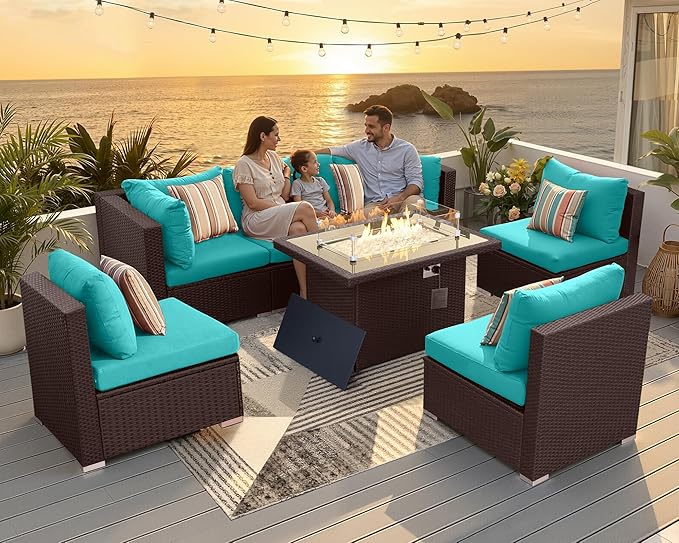 NICESOUL 7 Piece Outdoor Furniture Set with Firepit Natural Gas & Propane, Plus Size Big Modern Patio Conversation Couch, 29.3 High Back Comfy Sectional Sitting Group, Brown Rattan and Teal Cushoin