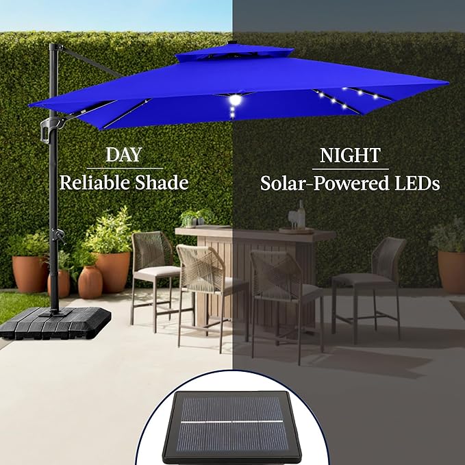Best Choice Products 9x12ft LED Cantilever Patio Umbrella w/Base Included & 360° Rotation, Large Solar Offset Hanging Outdoor Sun Shade for Deck, Backyard Table w/Stand & Lights – Resort Blue