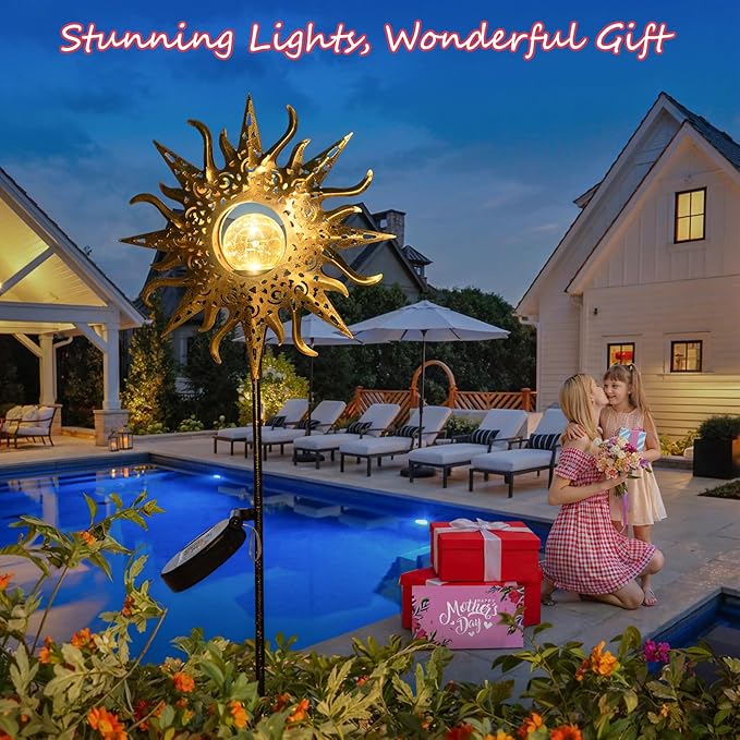 HOMEIMPRO Large Sun Solar Garden Decor Lights Outdoor Garden Gifts Mom Dad, Crackle Glass Metal Stake Backyard Decor, Waterproof LED Lights for Lawn Patio Ornaments, Mothers Day Gifts for Women