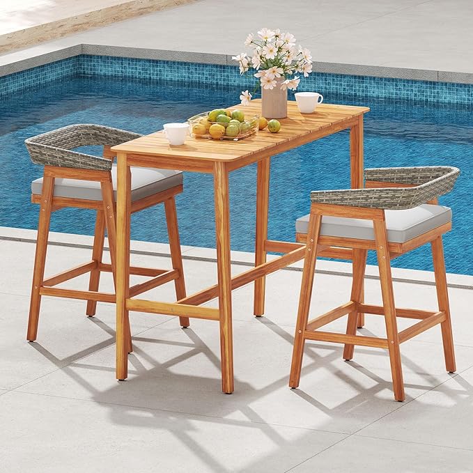 Tangkula 3 Piece Patio Bar Set, Outdoor Acacia Wood Counter Height Table with 2 Cushioned Barstools with Curved Rattan Back and Footrest, for Backyard, Poolside, Balcony