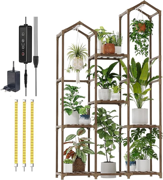 Bamworld Plant Stand with Grow Light Corner Plant Shelf Indoor with Lights Tall Plant Holder for Living Room Warm Light Plant Container Accessories for Mutiple Pots Patio Boho Home Decor for Gardening