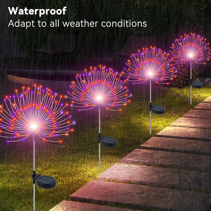 Solar Garden Lights Outdoor Waterproof, 2 Pack 120 LED Solar Firework Lights Decorative Garden Décor Outside for Flowerbed Pathway Party Halloween Christmas Decorations, Purple + Orange