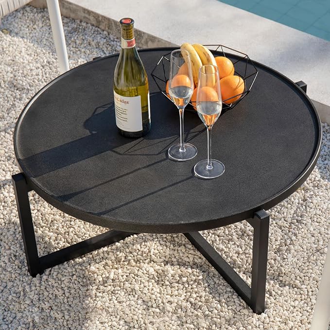 COSIEST Small Round Outdoor Coffee Table Dark Grey, 12''Hx31.5'''All-Weather Concrete Top Patio End Table W Metal Frame for Garden, Balcony and Living Room