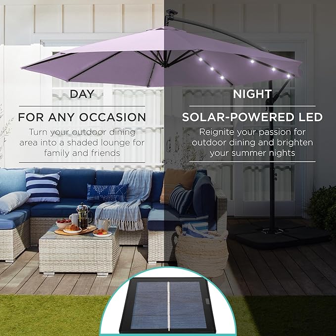 Best Choice Products 10ft Solar LED Offset Cantilever Hanging Market Patio Umbrella, 8 Sturdy Ribs, Easy Adjustment - Lavender