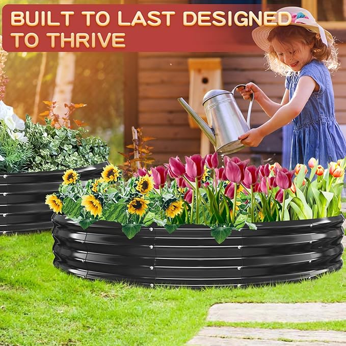 Durable Round Galvanized Steel Raised Garden Bed for Planting,Round Galvanized Steel Fire Ring/Fir Pit for Outdoor- 6×6×1FT,0.8MM Thick (Black, 72 ins Diameter x 12 ins high)