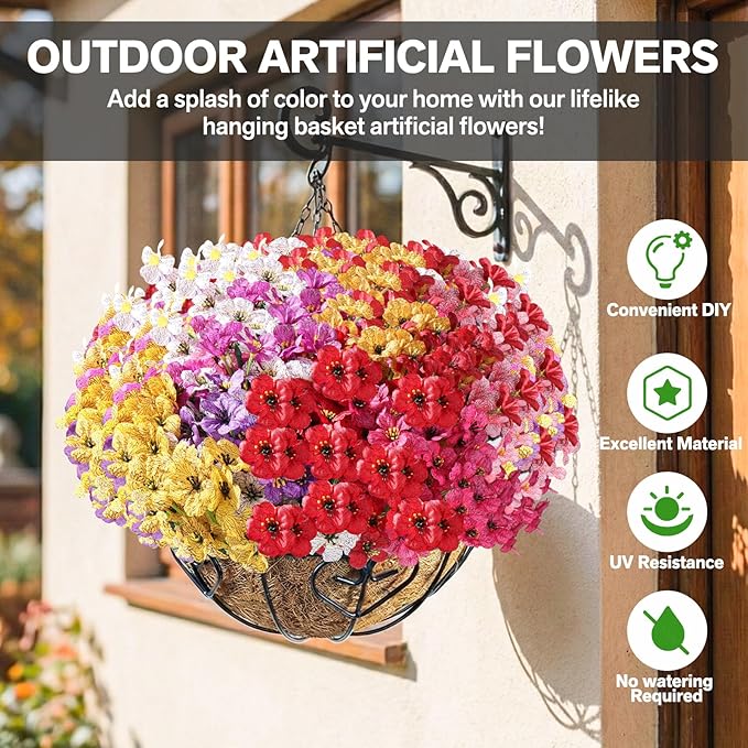 22 Pack Artificial Flowers for Outdoor Indoor Fake Plants, Faux Silk Flowers for Outdoors Outside Front Porch Hanging Planter Window Box Garden Spring Decoration(Multi-Colour)