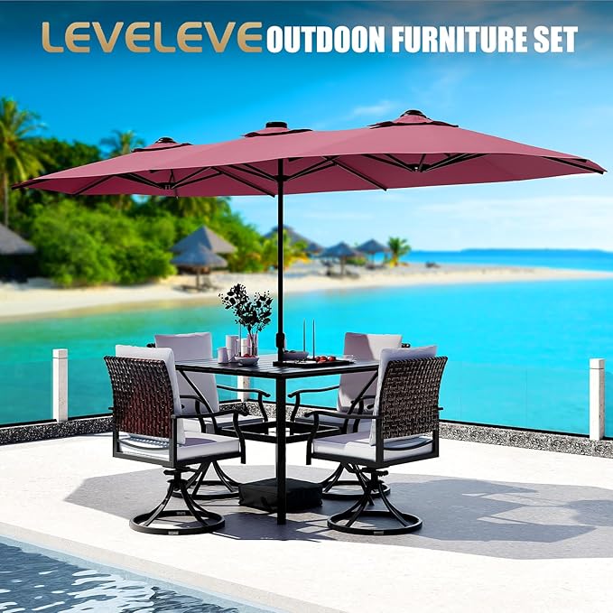 LEVELEVE 14FT Double-Sided Patio Umbrella with Base Included, Large Outdoor Rectangular Market Umbrella for Backyard, Poolside, Lawn & Garden,Red