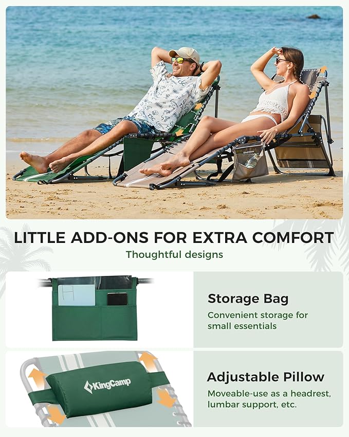 KingCamp 2 Pack Lounge Chair Outdoor with Canopy & Face Hole, Adjustable 5-Position Folding Chaise Tanning Recliner Portable Comfy Chaiser for Camping Outside Patio Pool Beach, Green/White