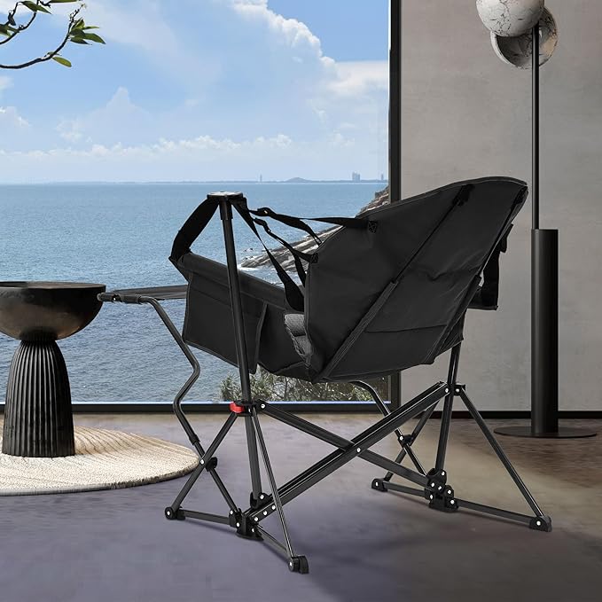 Ainfox Hammock Camping Chair with Footrest, Foldable Portable Rocking Chairs for Adults Outside Swinging Camp with Cup Holder Pillow for Outdoor Patio Poolside (Dark Black)