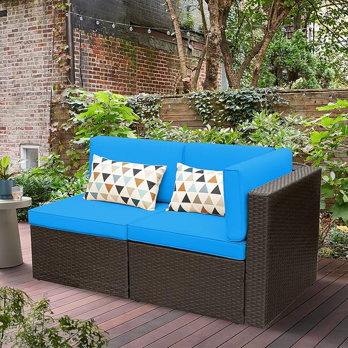Devoko 2 Pieces Patio Furniture Sofa Sets Outdoor All Weather Sectional Corner Sofa and Armless Sofa (Blue)