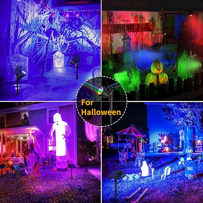 ROSHWEY Solar Spot Lights Outdoor, 7 Colors Halloween Christmas Outdoor Lights Waterproof Landscape Light 600LM Solar Spotlight Lighting for House Backyard Pool Patio Garden Decor- 2 Pack