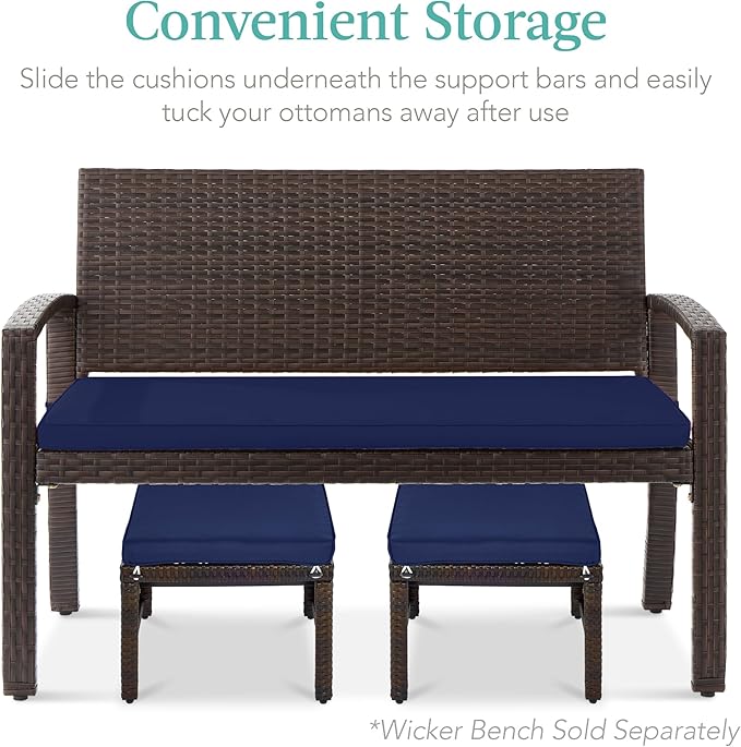 Best Choice Products Set of 2 Wicker Ottomans, Multipurpose Outdoor Furniture for Patio, Backyard, Additional Seating, Footrest, Side Table w/Removable Cushions, Steel Frame - Navy/Brown