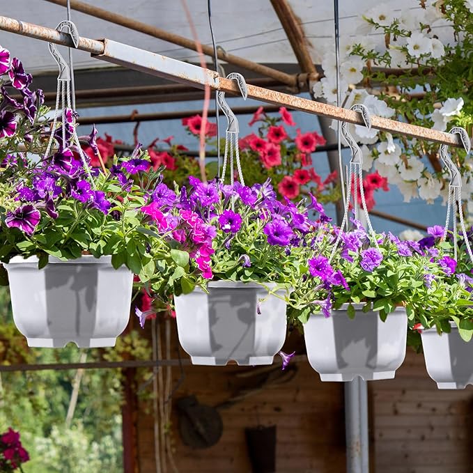 Roshtia 50 Pcs 5.9 inch Plastic Hanging Plant Pots with Hooks Flower Pots Baskets Outdoor Hanging Nursery Planter Holder for Home Garden Balcony Porch(Gray White, 5.9 inch)