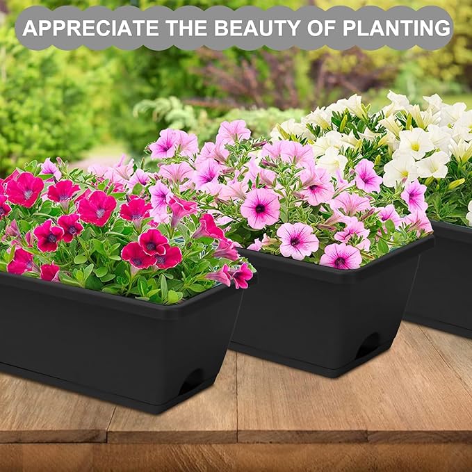 Window Box Planter, 6 Packs 17 Inches Rectangle Planters Box with Drainage Holes and Trays, Vegetable Planters for Windowsill Patio Garden Home Decor Porch Yard Dark Gray