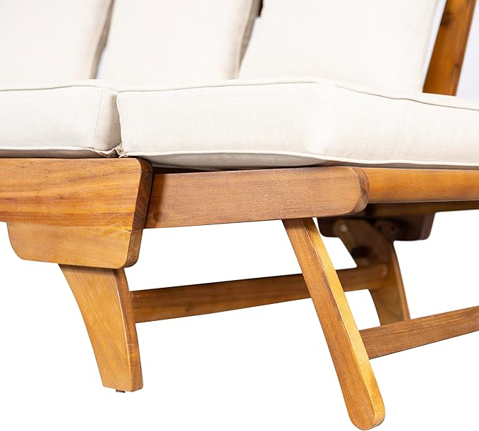 Merax Outdoor Patio Daybed Sofa,3-Seat Sofa with Foldable Arm 4 Back Pillows,Teak Acacia Wood Frame Beige Removable Cushion,Teak+ Beige