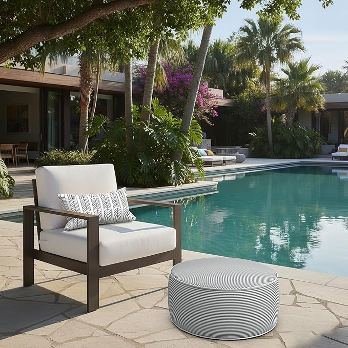 LVTXIII Indoor/Outdoor Inflatable Ottoman with Handle D21 x H9 Inch, Weather-Resistant Round Footstool Pouf for Patio Camping Living Room, Portable Footrest Extra Seating, Topanga Stripe Grey