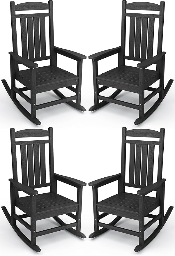 KINGYES Outdoor Rocking Chair Set of 4, High Density Polyethylene Patio Rocking Chairs with 330lbs Support for Adults, Black
