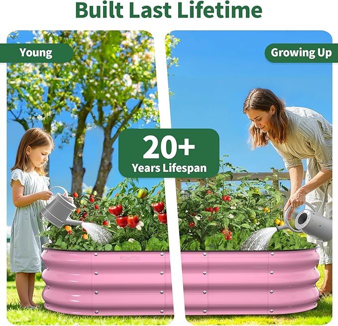 Kesfitt Raised Garden Bed, 4x2x1 FT Galvanized Steel Metal Raised Garden Bed, Oval Open-Bottom Design, 12-Inch Deep for Outdoor Vegetable & Herb Gardening, Blushing Pink