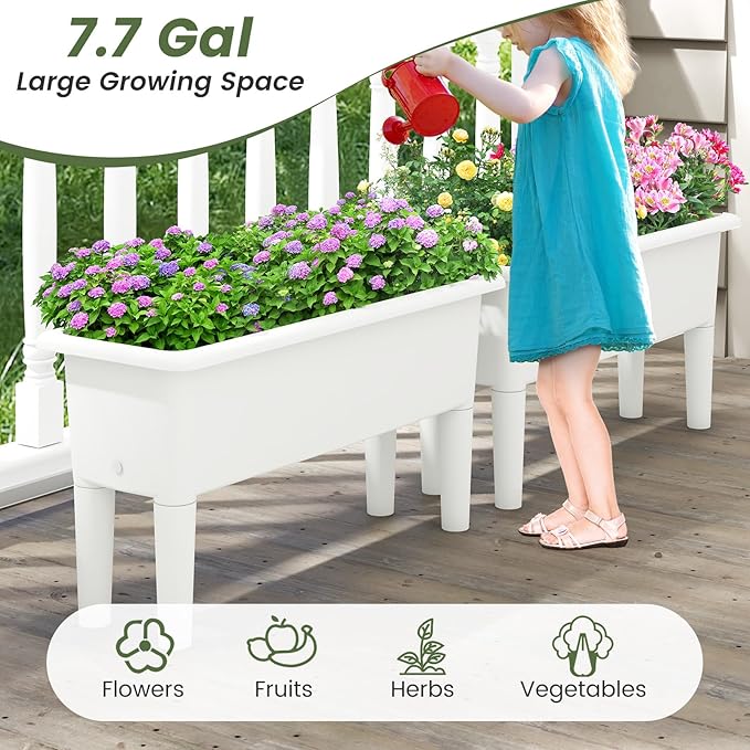Giantex Raised Garden Beds Outdoor Set of 2, Self-Watering Planter Box with Detachable Legs & Drainage Hole, Outdoor Raised Container for Vegetable Fruit Herbs, 31.5”Lx12”Wx16”H, Easy Assembly (White)