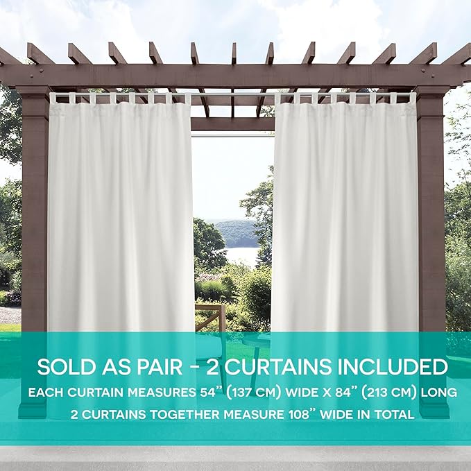 Exclusive Home Cabana Solid Indoor/Outdoor Light Filtering Hook-and-Loop Tab Top Curtain Panel Pair, 54"x96", Vanilla