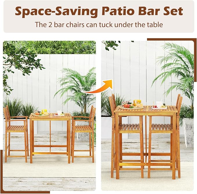 Tangkula 3 Piece Patio Bar Table & Chairs, Outdoor Acacia Wood Bar Set w/Slatted Seat & Tabletop, Wood Dining Bar Set w/Backrest, Armrests & Footrest for Backyard, Poolside, Balcony