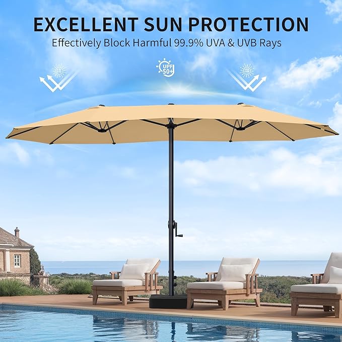 OLILAWN Patio Table Umbrella, 15ft Large Deck Umbrella with Base Included, Outdoor Double-Sided Rectangle Market Umbrella with Aluminium Crank, 12 Sturdy Ribs, for Deck Porch Garden, Cream