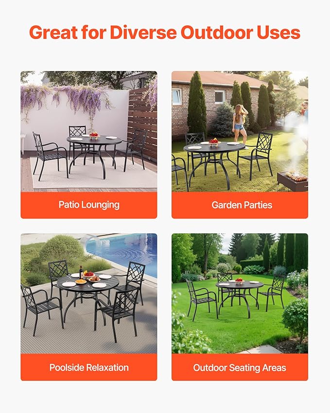 VEVOR Outdoor Patio Dining Table, 47 inch Round Metal Steel Slat Backyard Bistro Tables, with 1.5 in Umbrella Hole, Outside All-Weather Large Furniture for Lawn Garden Porch, Black