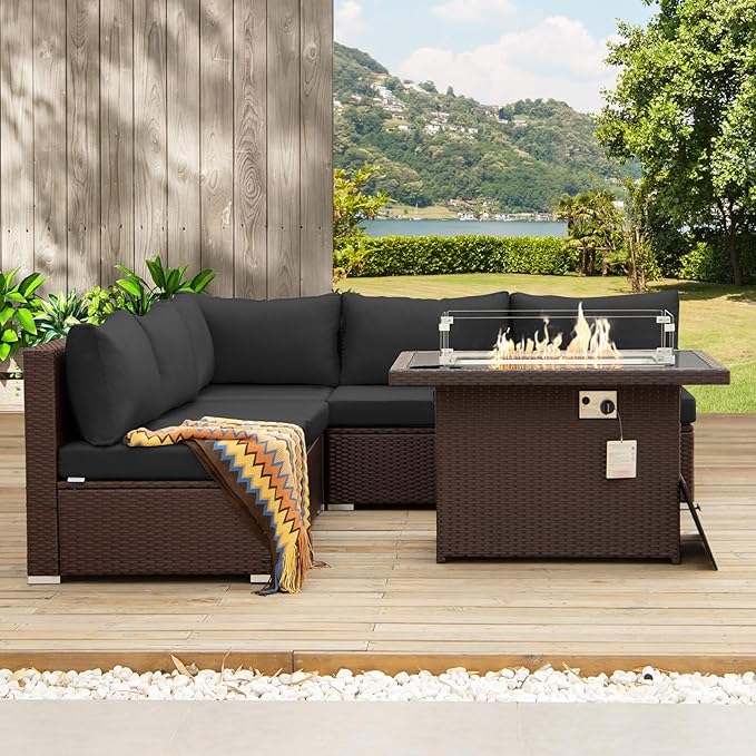 NICESOUL 6 Piece L Shape Outdoor Couch Set with Fire Pit Natural Gas/Propane, 29.3'' High Back Deep Wide Seated Patio Conversation for Deck, Wicker Patio Furniture Set, Brown Rattan and Grey Cushion