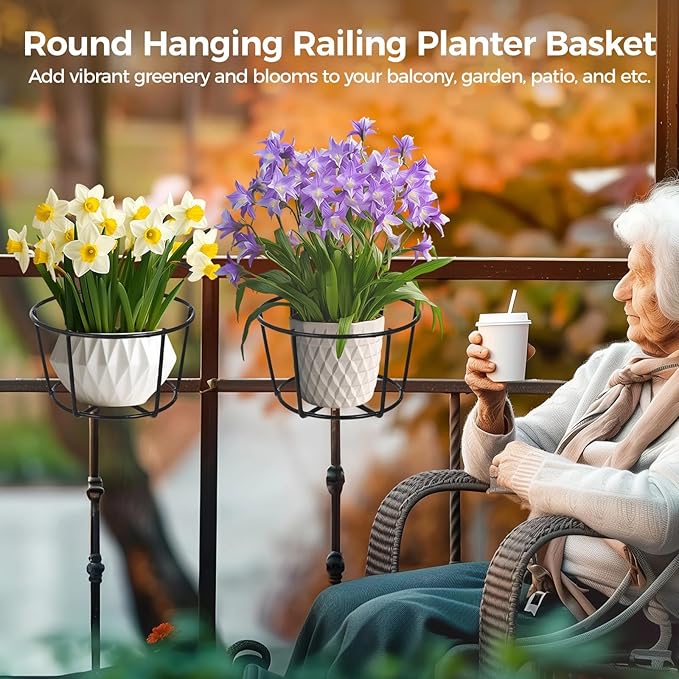 6 PCS Round Hanging Railing Planters, Hanging Flower Stand Iron Baskets, Hanging Planters for Outdoor Plants, Metal Rack Fence Shelf Plant Holder with Hooks for Balconies, Gardens, Indoor Spaces