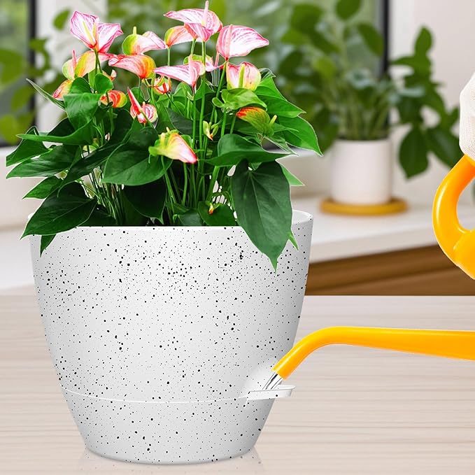 12 Inch Large Self Watering Pots, Flower Pots with Multi-Mesh Drainage Holes and Saucer, Planters for Indoor and Outdoor Garden Plants (Speckled White)