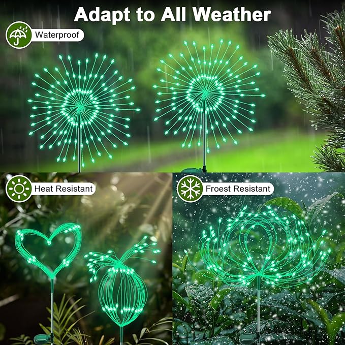 Solar Garden Lights Outdoor, 2 Pack 120 LED Twinkling Firework Lights Decorative with 2 Modes, Outdoor Waterproof Solar Starburst Light for Outside Yard Pathway Garden Decor, Green