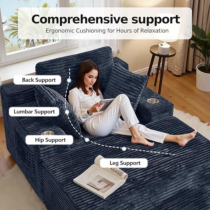 CHORRO67 Chaise Lounge Chair Indoor,Oversized Boneless Single Sleeeper Couch Bed,Corduroy Cloud Sofa with 3 Soft Pillows for Livingroom,Bedroom,No Assembly (Grey)